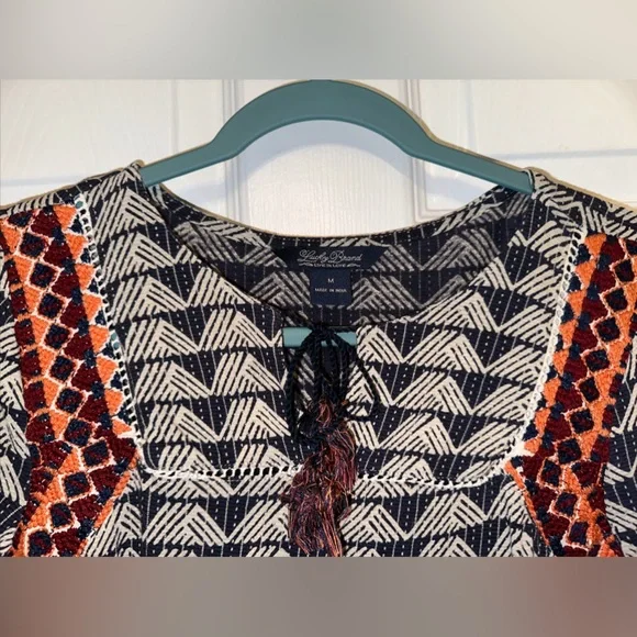 Lucky Brand M Womens 3/4 Sleeve Boho Top Tie Front Navy Blue Print Embroidery - Picture 4 of 7